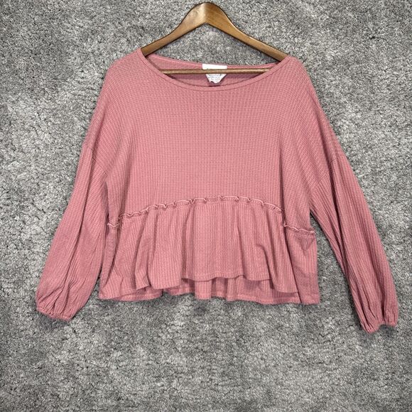 Sadie & Sage Tops - Sadie & Sage Women’s Waffle Knit Boxy Peplum Blouse Top Medium Pink